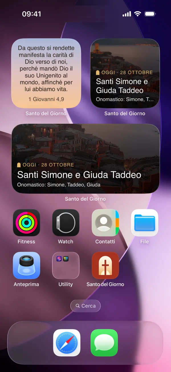 La schermata Home con i widget del santo del giorno e di un versetto